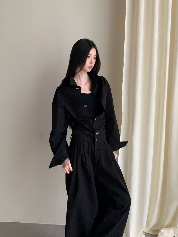 GraceChic GraceChic Autumn Hepburn Style "Urban Elite" Crisp Texture Waist-Cinching Short Shirt And Pleated Wide-Leg Straight Pants Set_voghion.com