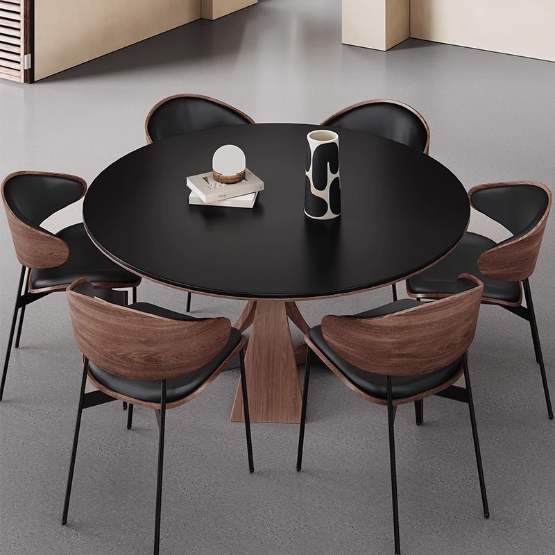 Mesa de comedor de madera maciza redonda de estilo medio 2025 nuevo hogar pequeño apartamento placa de roca negro francés retro moderno simple