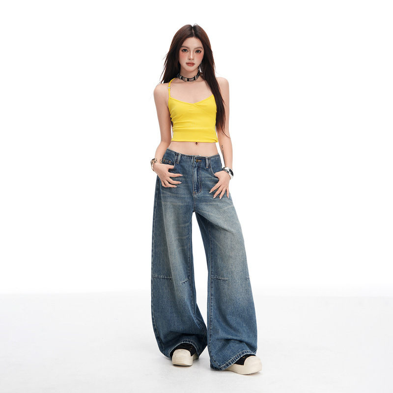 2026 Spring/Summer New Style American Style Hot Girl High-Waistless Design Mid-Low Waist Loose Wide-Leg Floor-Length Jeans for Women 2026 Spring/Summer New Style American Style Hot Girl High-Waistless Design Mid-Low Waist Loose Wide-Leg Floor-Length Jeans for Women