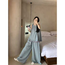 2025家居服套装木耳边背心睡衣女装舒适阔腿裤两件套