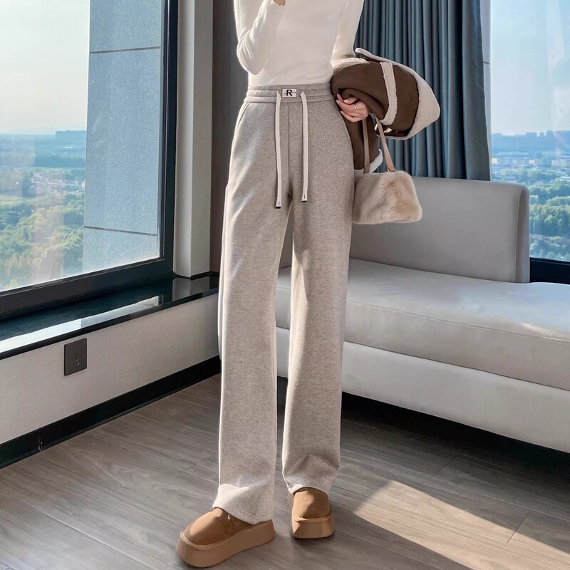 Women's herringbone wide-leg pants, 2026 autumn/winter new collection, fleece-lined, sporty and casual, long pants, thickened straight-leg pants