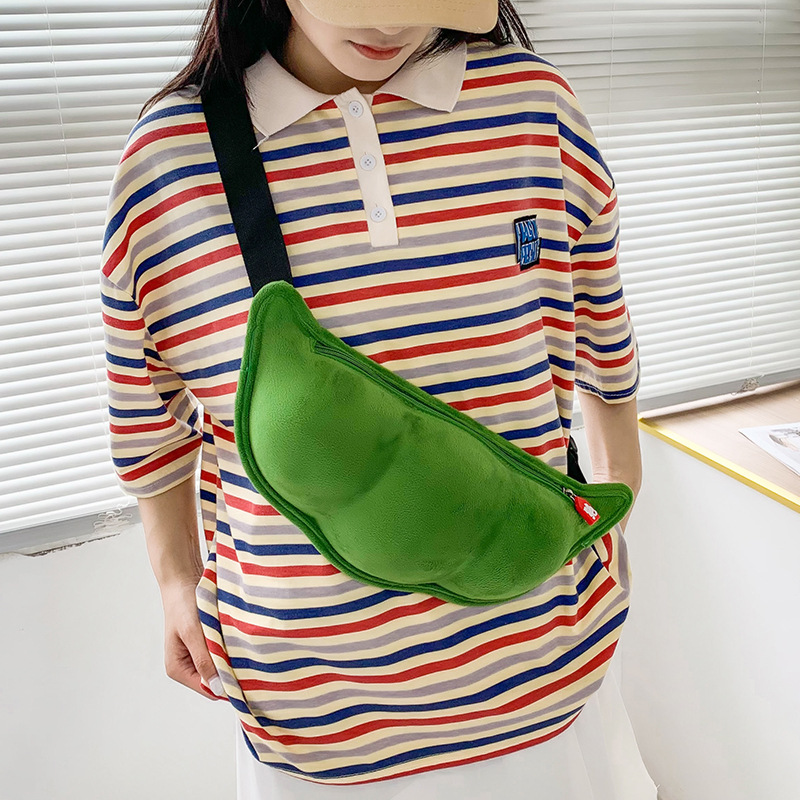 个性创意毛豆造型斜挎包包女 软萌毛绒单肩包 可爱趣味搞怪胸包女|ru