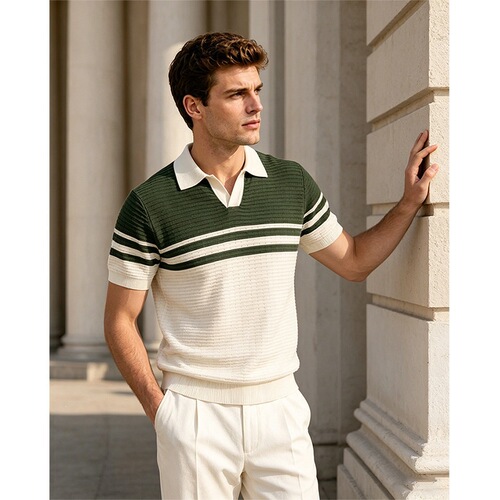 Retro style men's contrasting color stripe stitching knitted short-sleeved POLO shirt comfortable breathable summer men's Polo shirt trend