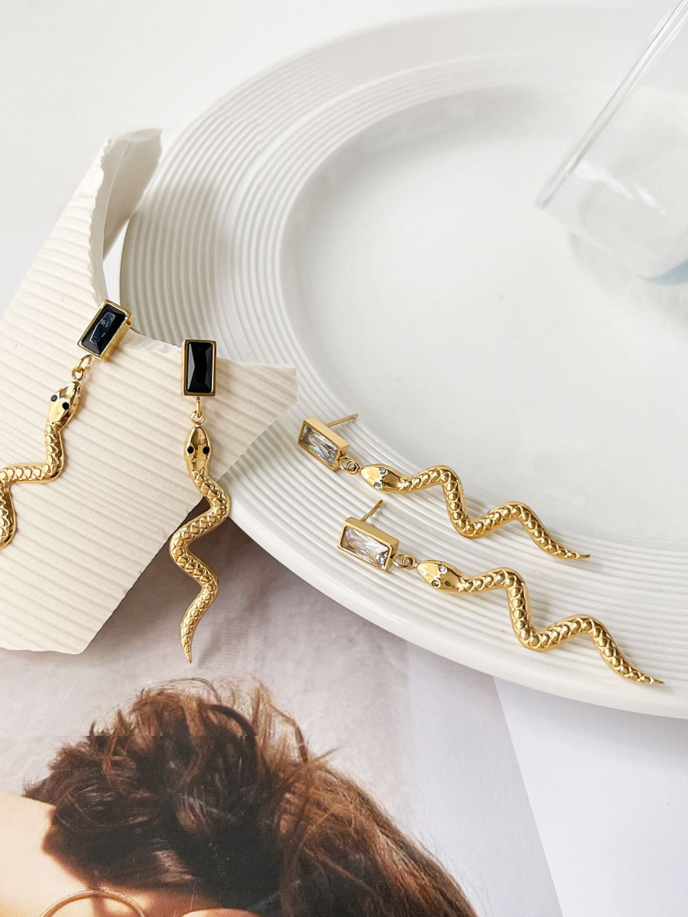 Fashion Snake Stainless Steel Plating Inlay Zircon Drop Earrings 1 Pair