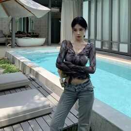 泰国 东南亚夏季衬衫女装V领扭结扎染网纱长袖T恤设计感潮流上衣