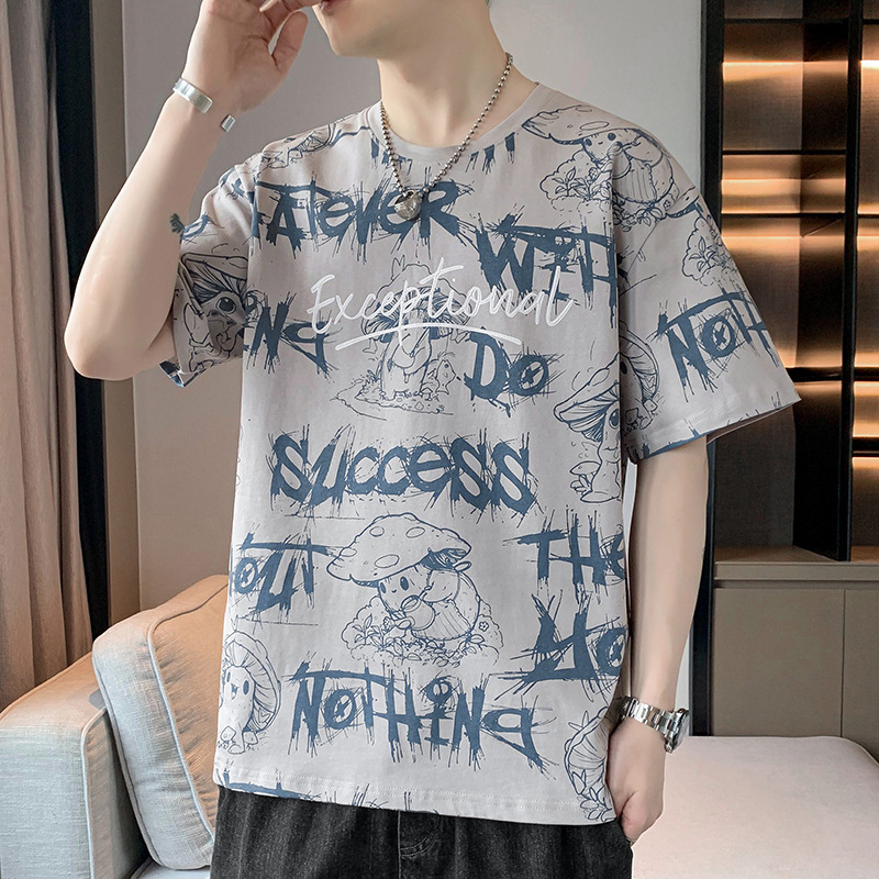 New Summer Men's Trendy Loose-Fitting Clothing, Trendy Brand Student Short-Sleeved T-Shirt, Pure Cotton Ice Silk Top, Round Neck, Half-Sleeve