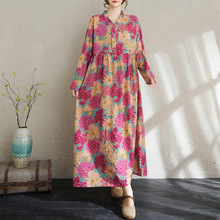 实拍2025早秋新款复古棉麻印花宽松休闲木耳花边领长袖大摆连衣裙