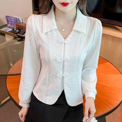 氣質顯瘦秋季新款時尚減齡洋氣百搭復古盤扣設計感雪紡長袖上衣女