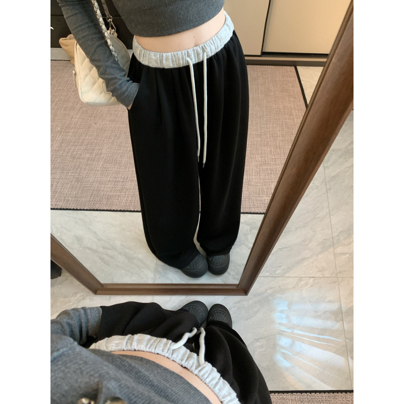 设计感撞色拼接高腰休闲裤女2025秋季新款显瘦抽绳阔腿直筒长裤子|undefined