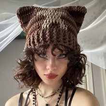 亚比风手工条纹五星针织毛线帽女韩版可爱猫咪耳朵秋冬保暖护耳帽