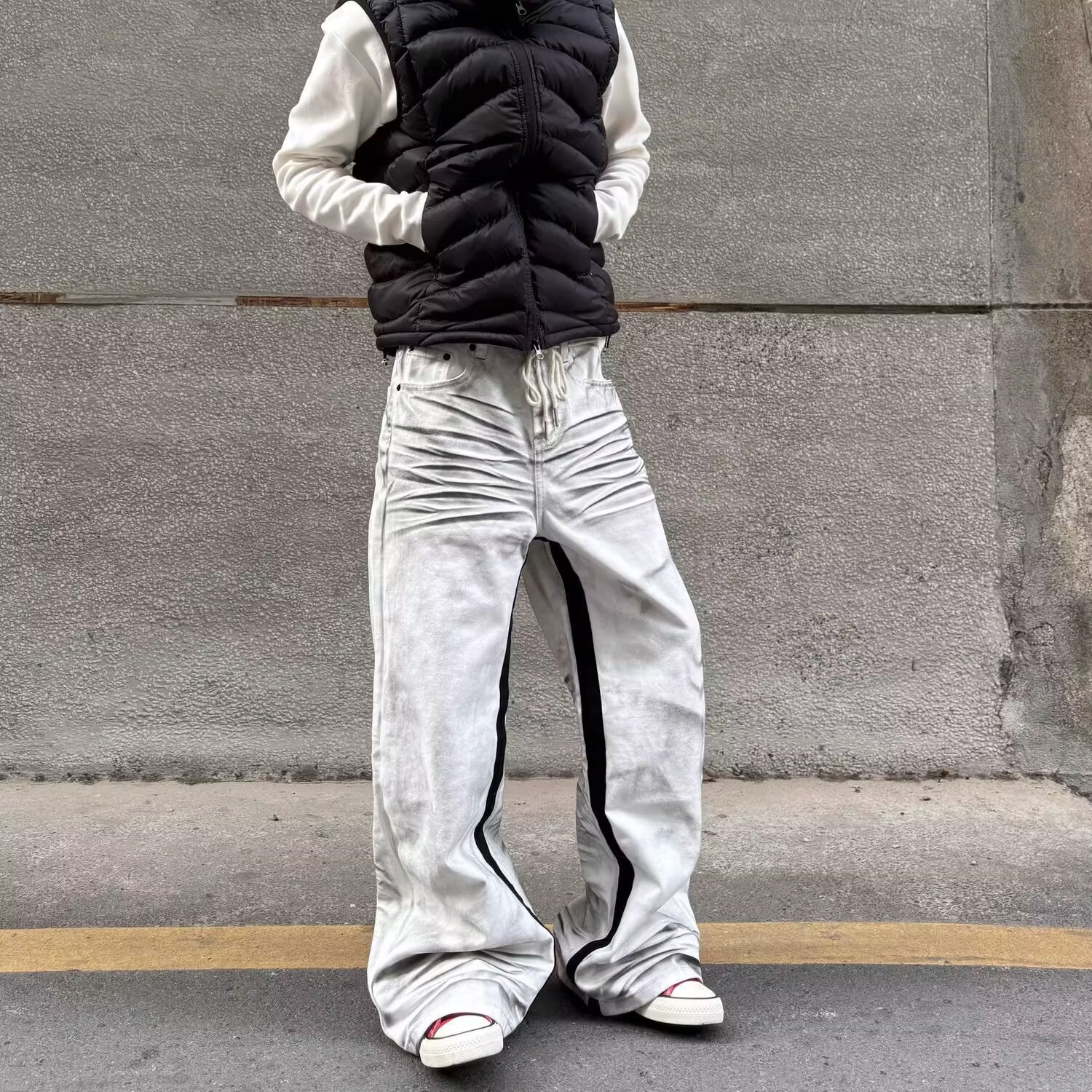 Men's Trendy Handsome Wide Leg Pants White Jeans Loose Straight Drape Dyed Distressed Washed Pleated Brand_voghion.com