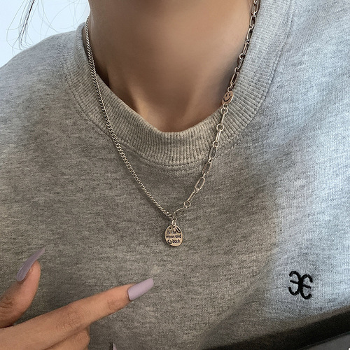 English letter tag retro Thai silver s925 sterling silver smiley face necklace female trendy internet celebrity ins cold style clavicle chain