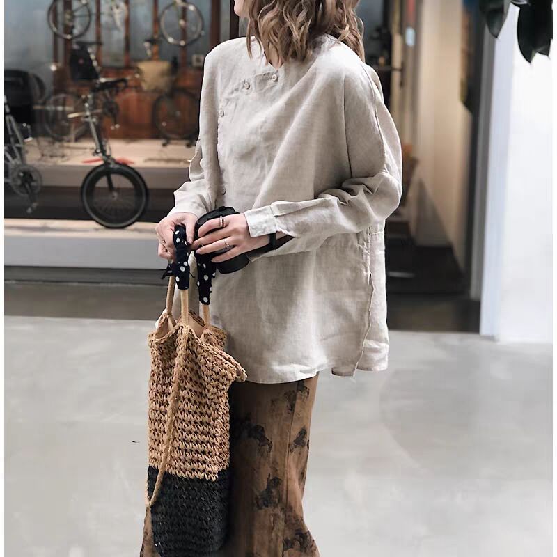 文艺亚麻不对称开叉衬衣新中式国风衬衫女装上衣长袖小衫禅修|undefined