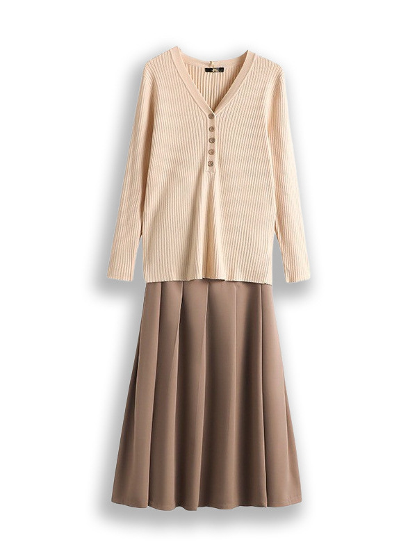 65-160kg Plus Size Knitted Knitwear Pleated Skirt Two-Piece Set 2025 Spring & Fall New Fat Sister V Neck Gentle Style for Women