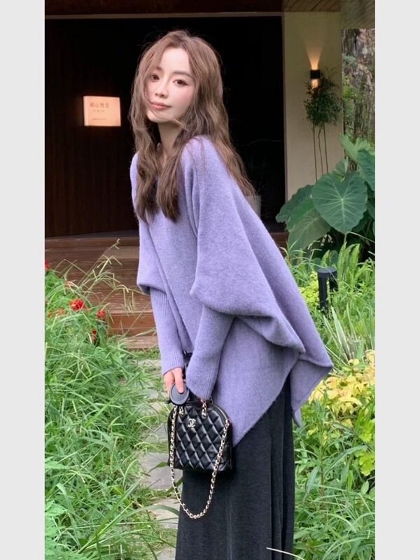 紫色不规则斜肩套头毛衣女秋季宽松露肩2025新款慵懒风针织衫衣|undefined