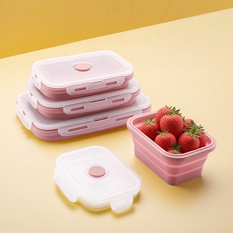Caixa de almuerzo de silicona plegable en stock caja de almacenamiento portátil caja de microondas caja de almuerzo de plástico caja de almacenamiento de refrigerador