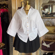 欧美跨境女装2025秋季新款时尚纯色翻领宽松休闲短款中袖衬衫上衣