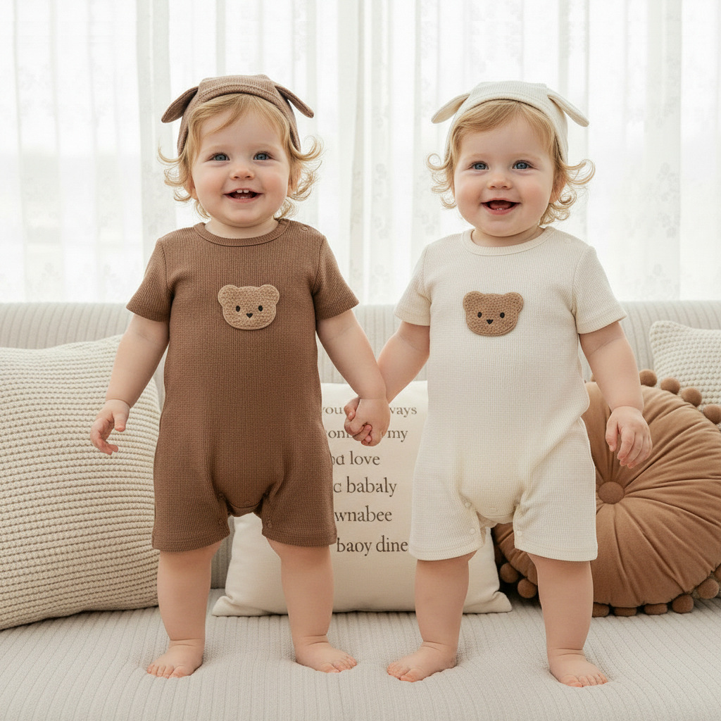 Korean Style Summer New 2026 Baby Jumpsuit Summer Waffle Large Flap Pocket Pants Bear Baby Clothes One-Piece Crawler Suit