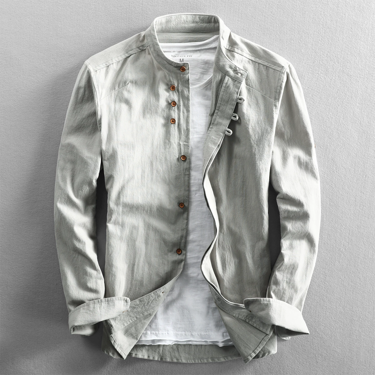 Demi-season leisure shirt with Chinese-style design, cotton-linen blend, available in White, Dark Gray, Dark Blue, Shallow Gray