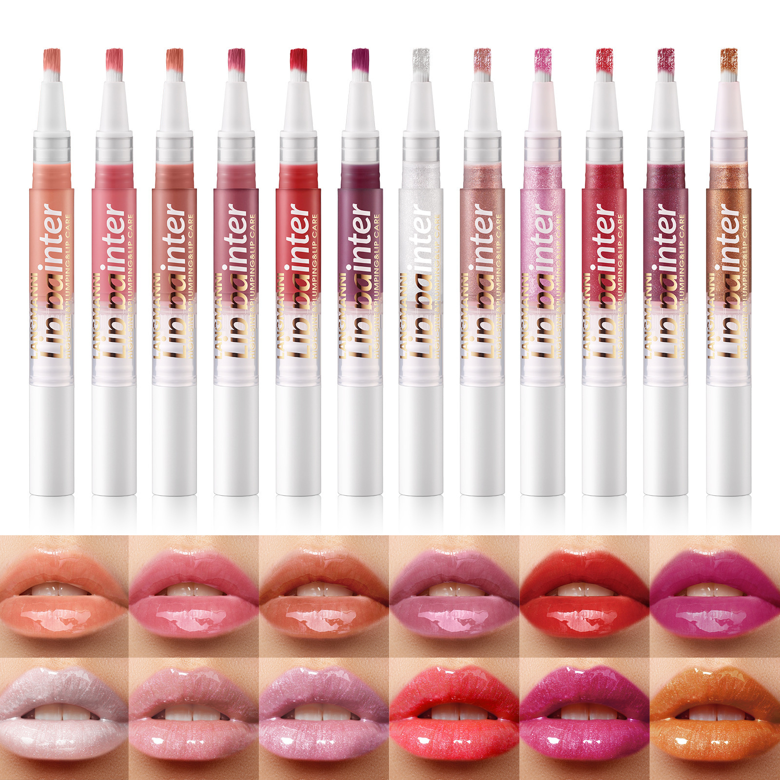 LANGMANNI nuevo brillo de labios giratorio perlado fácil de colorear brocha suave brillo de labios flash