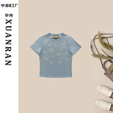春夏烫钻蝴蝶时尚减龄短袖T恤设计感小众上衣短款清纯系气质女装