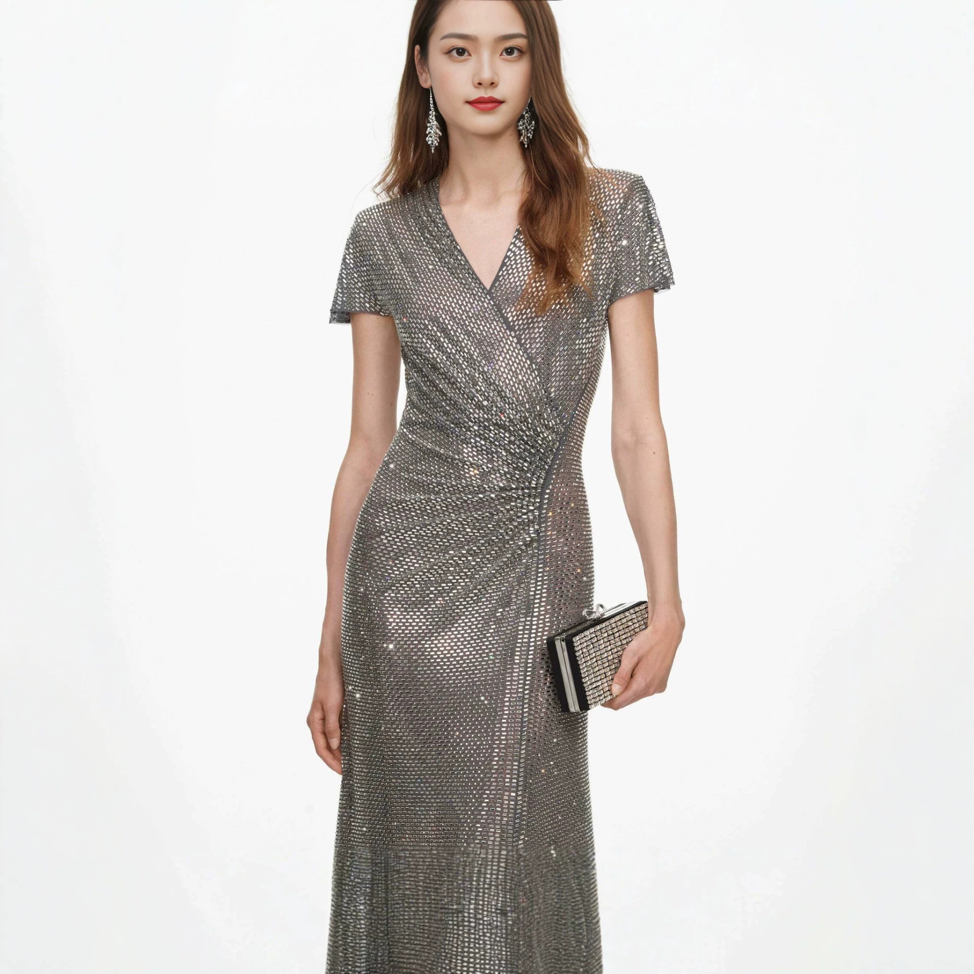 26 New European and American cross-border high-end women's mesh rhinestone V-neck elegant slim-fit fishtail dress for parties