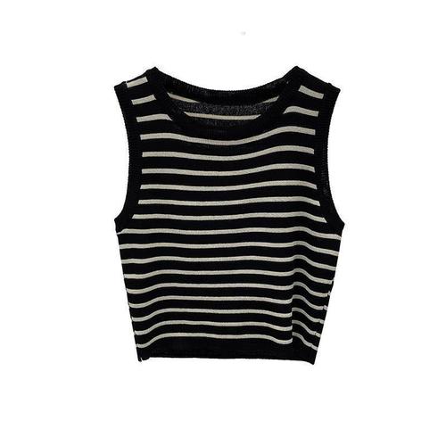 Southeast Asian Striped Vest Women's Short Slim Summer Round Neck Sleeveless Ice Silk Bottoming Knitwear Top