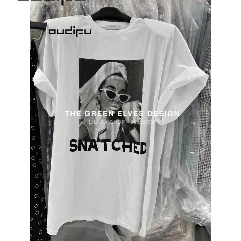 【大码300斤纯棉女装后包领】美式圆领宽松百搭休闲字母印花短袖T