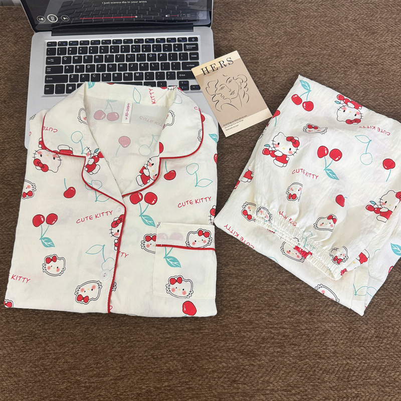 日系格子helloKitty睡衣女款春秋夏季纯棉长袖可爱开衫棉纱家居服|undefined