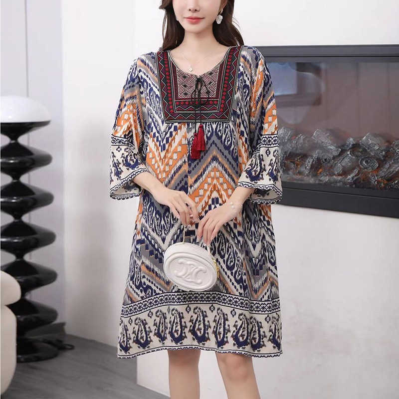 タイ風Aラインコットンワンピース、夏向け、クロスボーダーコットンシルクワンピース、アーティスティックレトロエスニック風婦人服