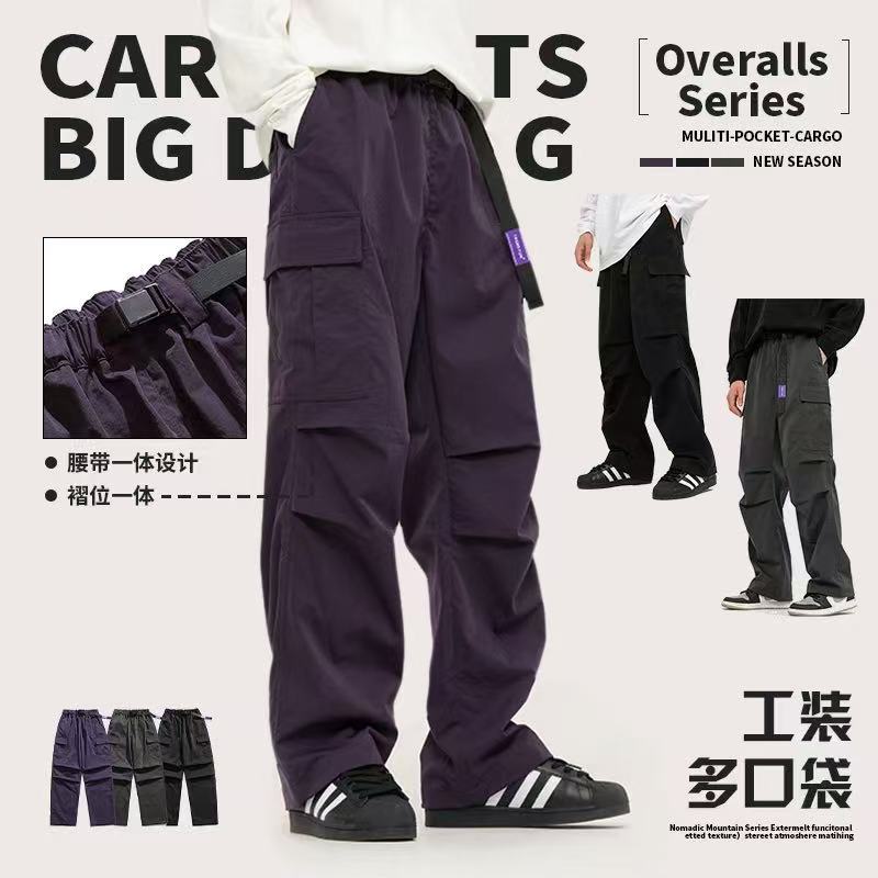 IZEXX Pantalones de paracaídas de herramientas estadounidenses Pantalones de cimitarra de primavera y otoño para hombres Pantalones largos de carga rectos con múltiples bolsillos de la calle para hombres