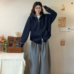 美式复古刺绣连帽双拉链卫衣女外套新款2025秋季宽松慵懒情侣上衣