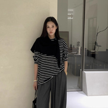 TTOO VOUIS秋季新款2336休闲针织披+肩圆领条纹长袖t恤衫两件套女