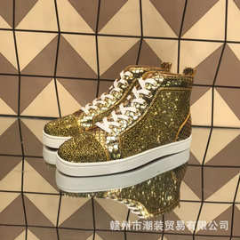 cl andgz男鞋金色蛇纹烫钻高帮红底鞋水晶水钻女鞋情侣板鞋金钻