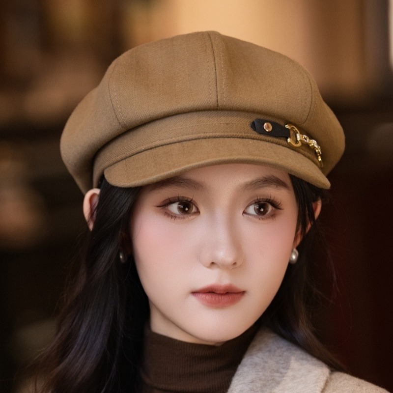金属链条贝雷帽女秋冬日系大头围蓓蕾帽ins网红显脸小八角画家帽|undefined