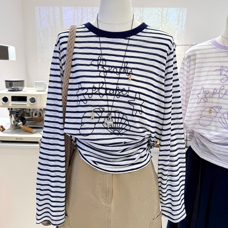 Plus-Size Women's Summer Loose Long-Sleeve Top with Conch Decoration and Snowflake Cotton Sun-Protection Stripes
