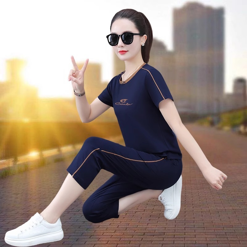 纯棉运动套装女夏季薄款2025新款休闲跑步健身服短袖七分裤两件套|undefined