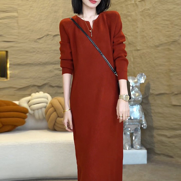 Fashionable Over-The-Knee V Neck Knitted Long-Sleeved Dress for Women 2025 Autumn and Winter New Style High-End Accessible Luxury Elegant Long Skirt Fashionable Over-The-Knee V Neck Knitted Long-Sleeved Dress for Women 2025 Autumn and Winter New Style High-End Accessible Luxury Elegant Long Skirt