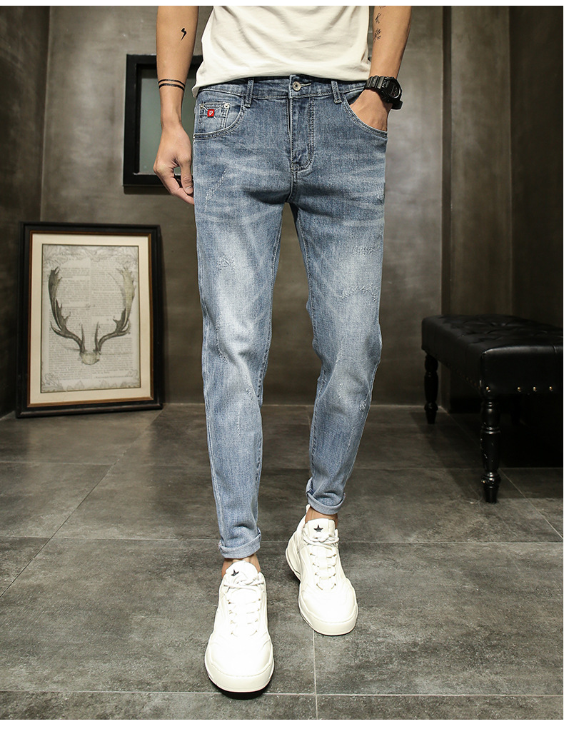 Jeans pour hommes de couleur claire de printemps et d'automne, confortables, élastiques, tendance, marque, coupe slim, petite jambe, polyvalent, délavé, décontracté_voghion.com