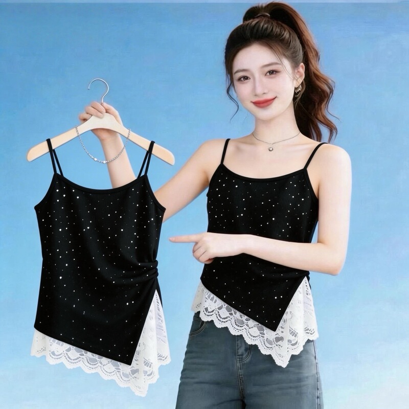 Wholesale Stylish Lace Patchwork Sequin Camisole for Women, Summer Sleeveless Super Fairy-Like and Beautiful Top, One-Piece Drop Shipping Wholesale Stylish Lace Patchwork Sequin Camisole for Women, Summer Sleeveless Super Fairy-Like and Beautiful Top, One-Piece Drop Shipping