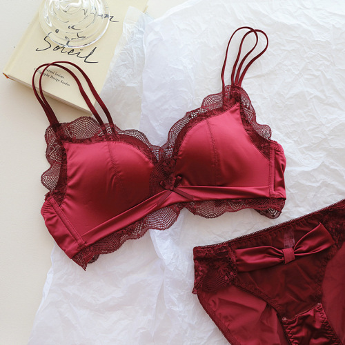 High-end silk satin women's soft latex cotton wireless underwire small bust shaping push-up lace bra set