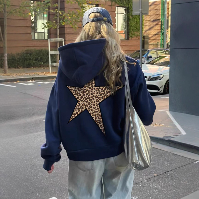 Heyheyshine Star Pattern Hoodie Y2K Leopard Print Hooded Sweatshirt Hoodie Pullover Top