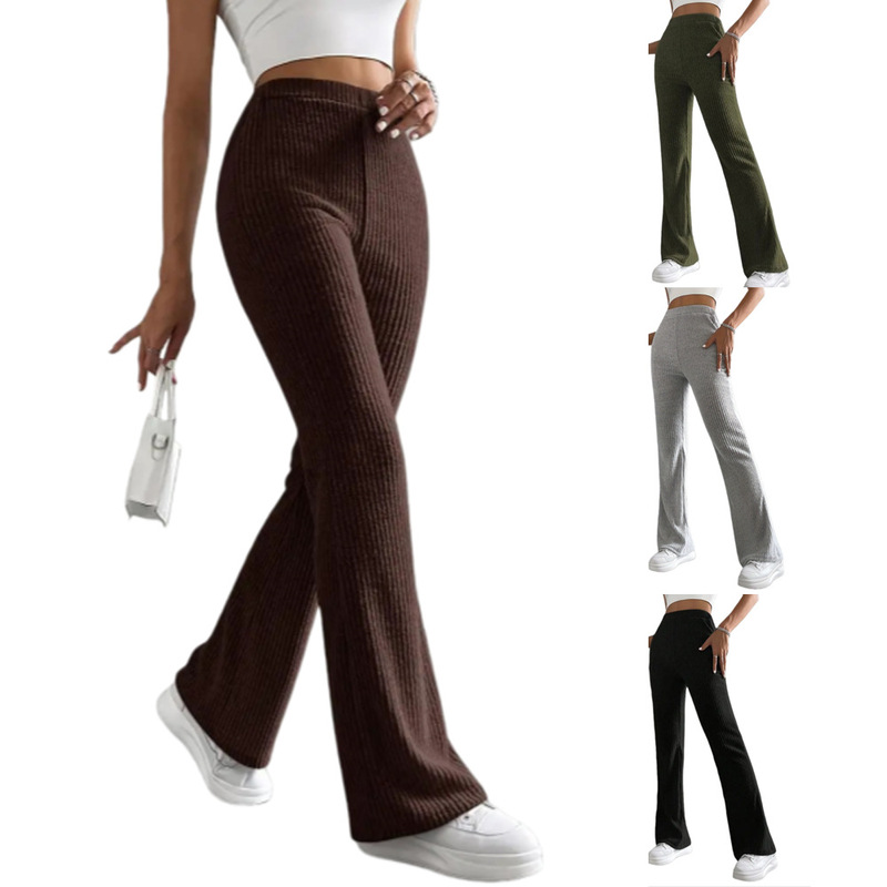 2025 Cross-Border Spring and Autumn New Flared Pants Women's Solid Color Casual Pants Ribbed Knit Fashion Versatile Slim Long Pants