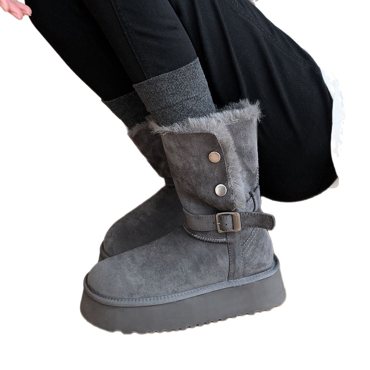 Women's Winter Snow Boots With Faux Fur Lining, Thick Rubber Sole, Round Toe, Buckle Strap, Casual High-Top Boots For Cold Weather Heightening Short_voghion.com