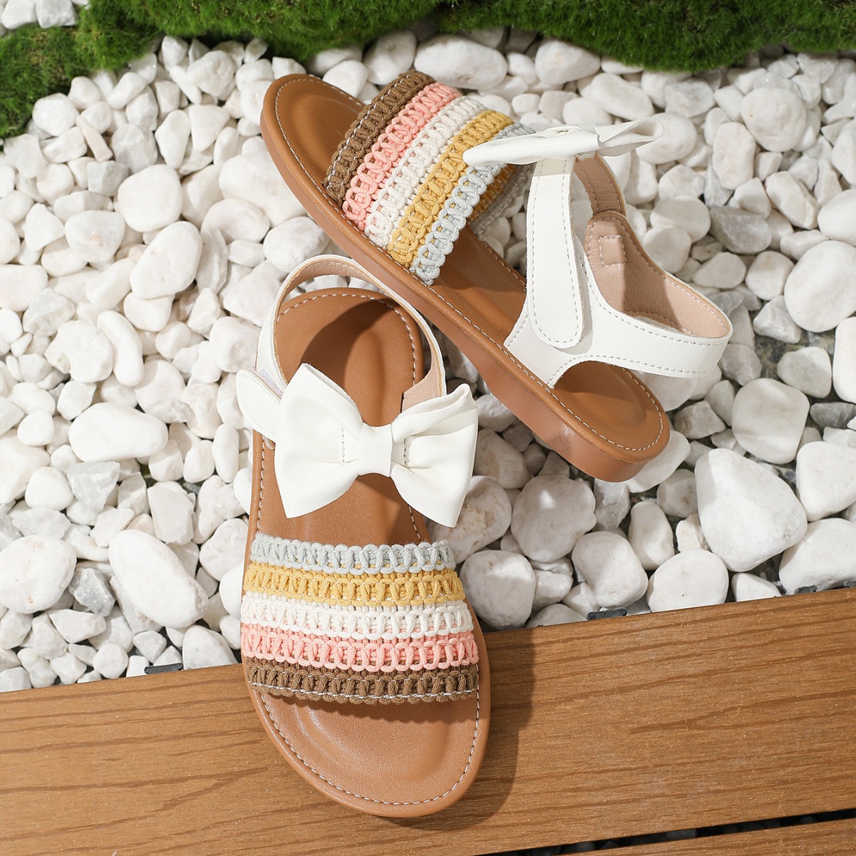 retro woven beach sandals flat with bow