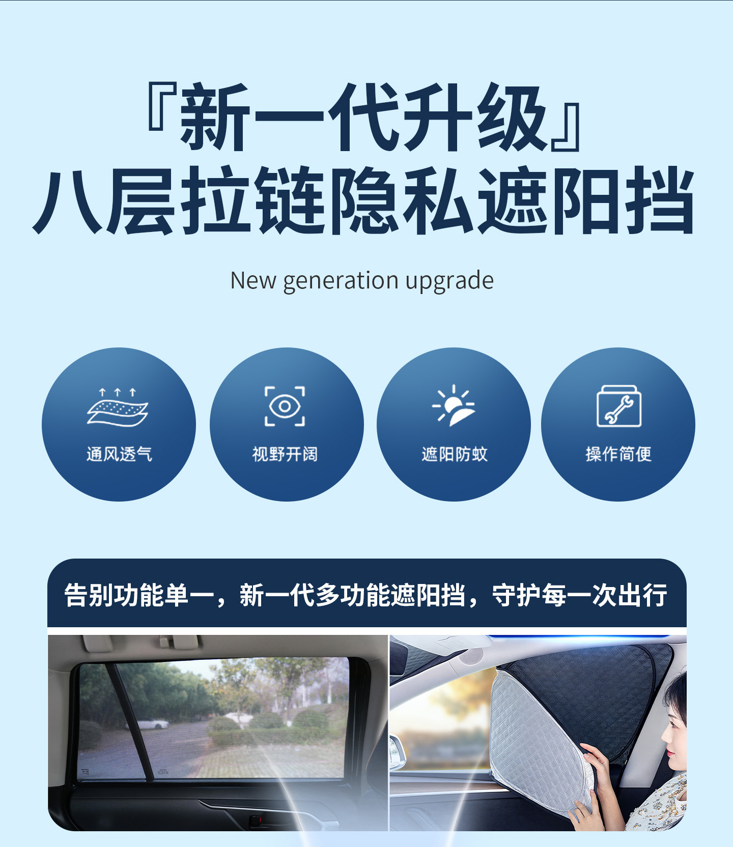 Eight-layer thickened magnetic zipper sunshade for cars, provides privacy and sun protection for side windows