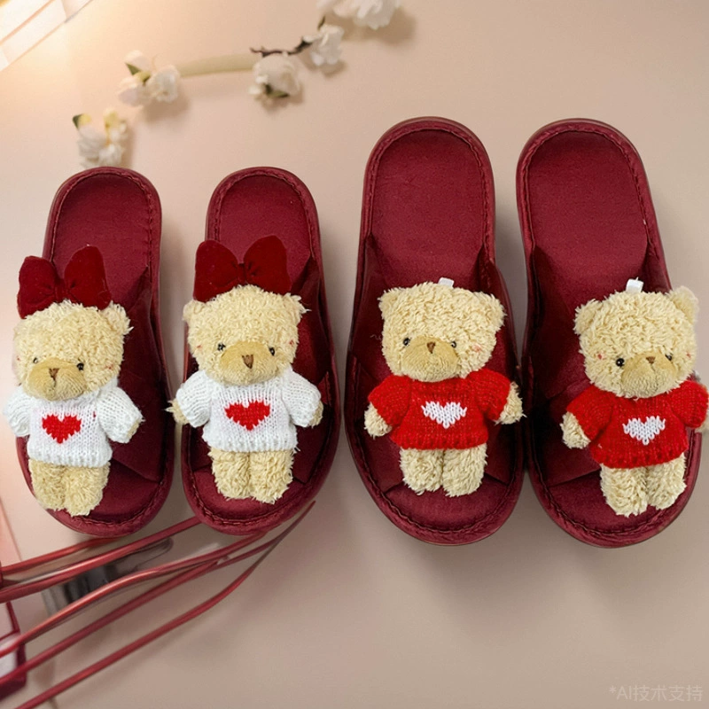 Парные свадебные тапочки праздничные красные милые медведи высокого уровня приданые тапочки