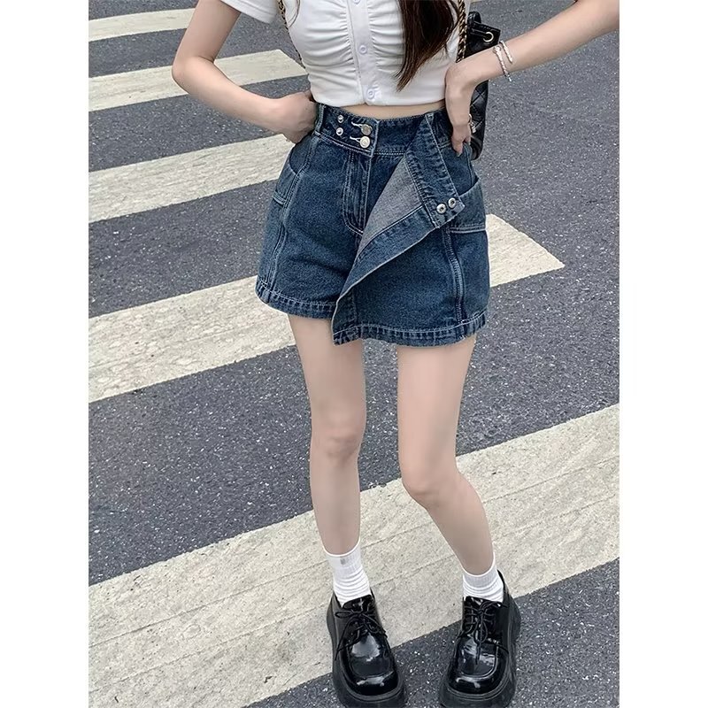 a-line denim skirt women's summer popular one-piece culottes Korean students slimming belly covering high waist short pants