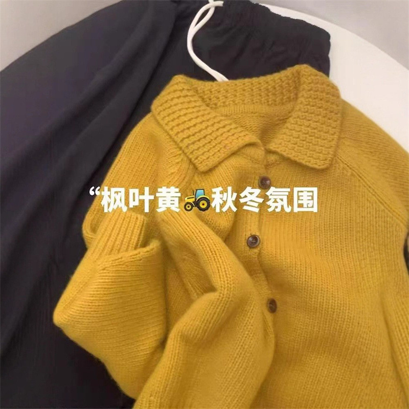 日系复古黄色翻领浣熊绒毛衣外套女秋冬季新款宽松慵懒风针织开衫