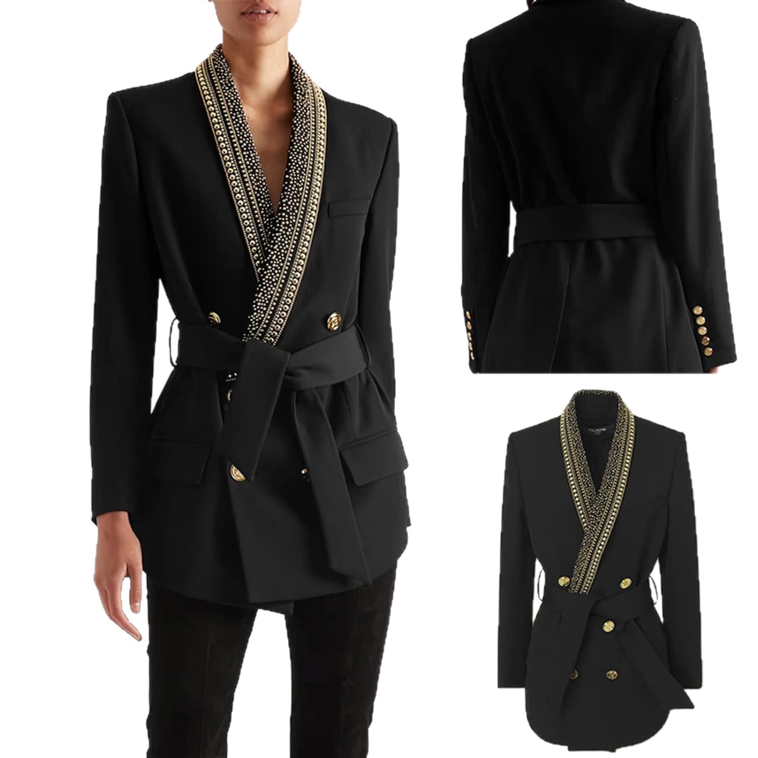 2025 Autumn/Winter Fashion New Gold Foil Belt Green Collar Mid-Length Women's Blazer Black and White in Stock